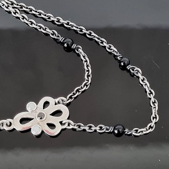 PANDORA Sincerity Sterling Silver Y Drop Mother of Pearl Onyx Station Necklace - Picture 10 of 12